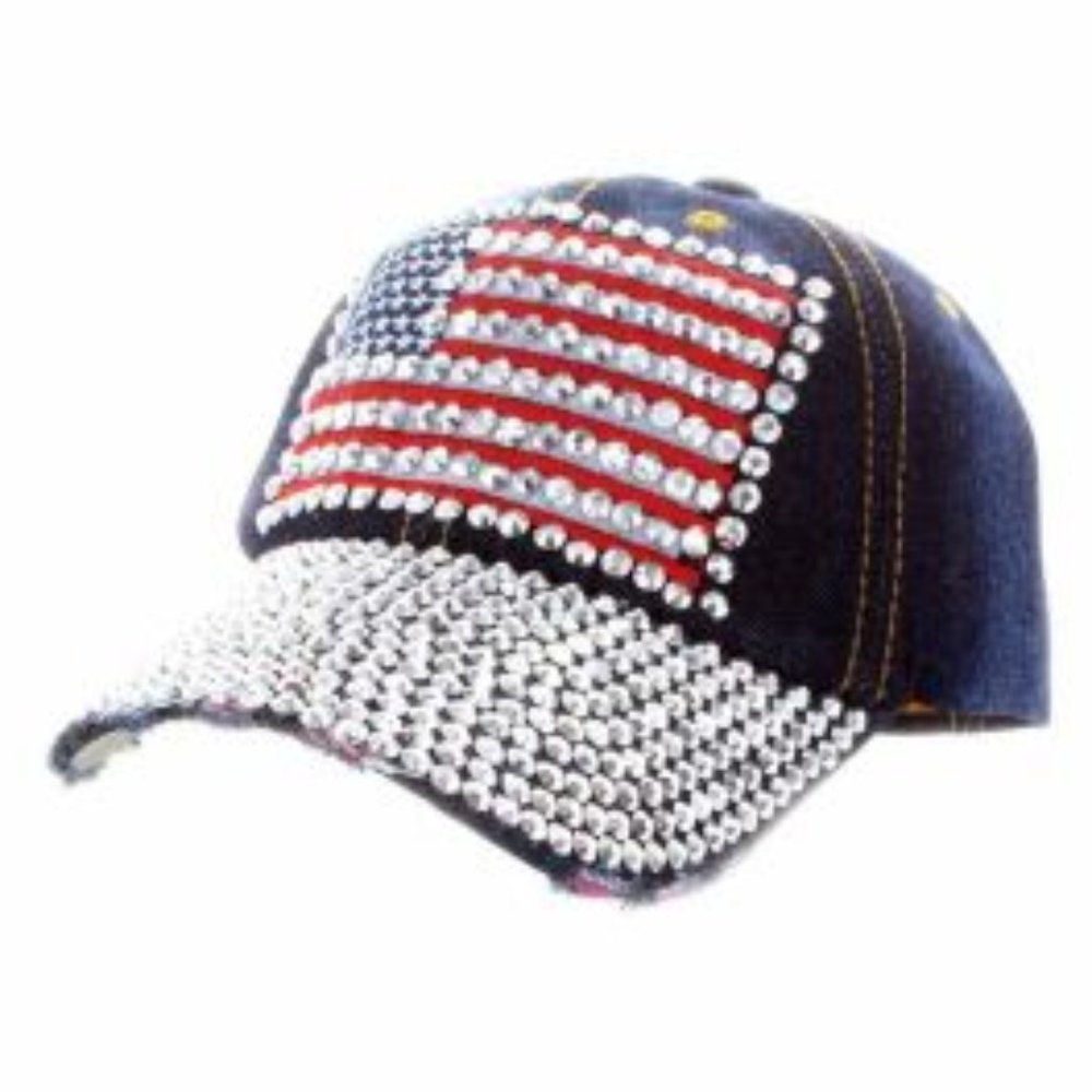 NWT Womans Bling American Flag Adjustable Ball Cap Dark Denim